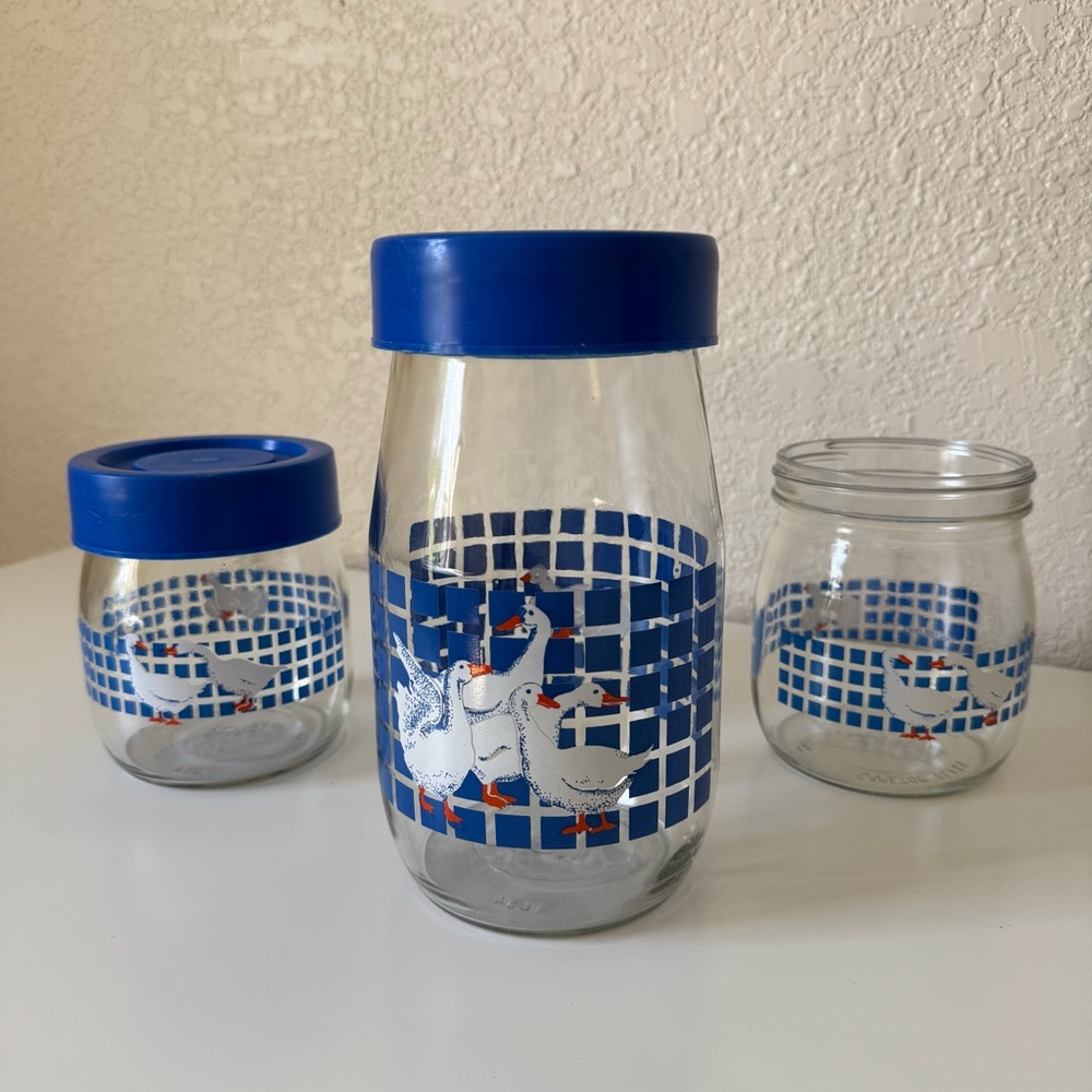 Vintage SET (3) Carlton Glass Canister 1.5L + 3/4L Jars Geese Goose Duck